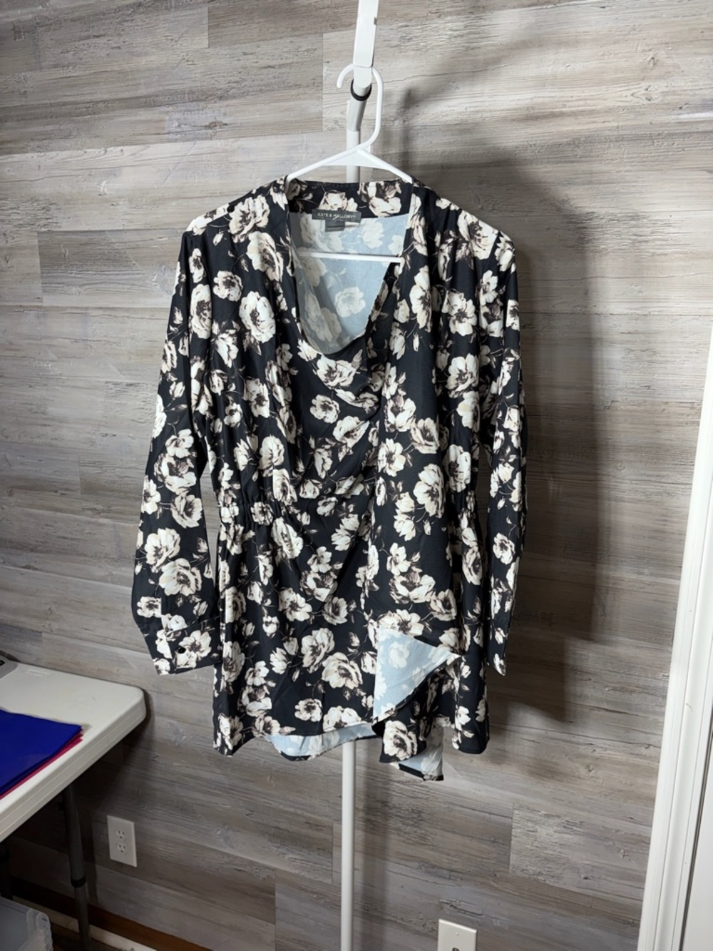Kate & Mallory Black and Cream Floral Draped Blouse 1870